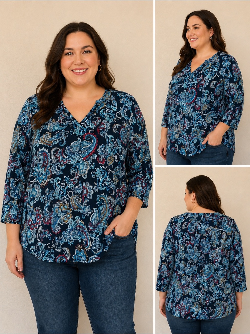 Chico’s Paisley Floral Blouse XL Blue Criss Cross Neck 3/4 Sleeve Top